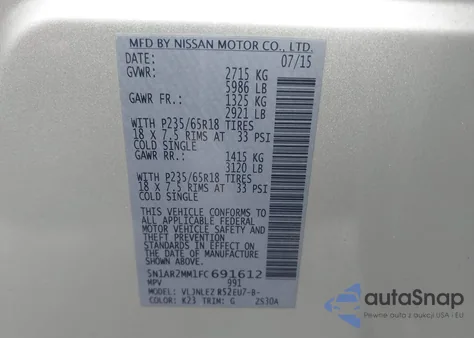 2015 Nissan Pathfinder Sv из США, поврежденный, VIN 5N1AR2MM1FC691612